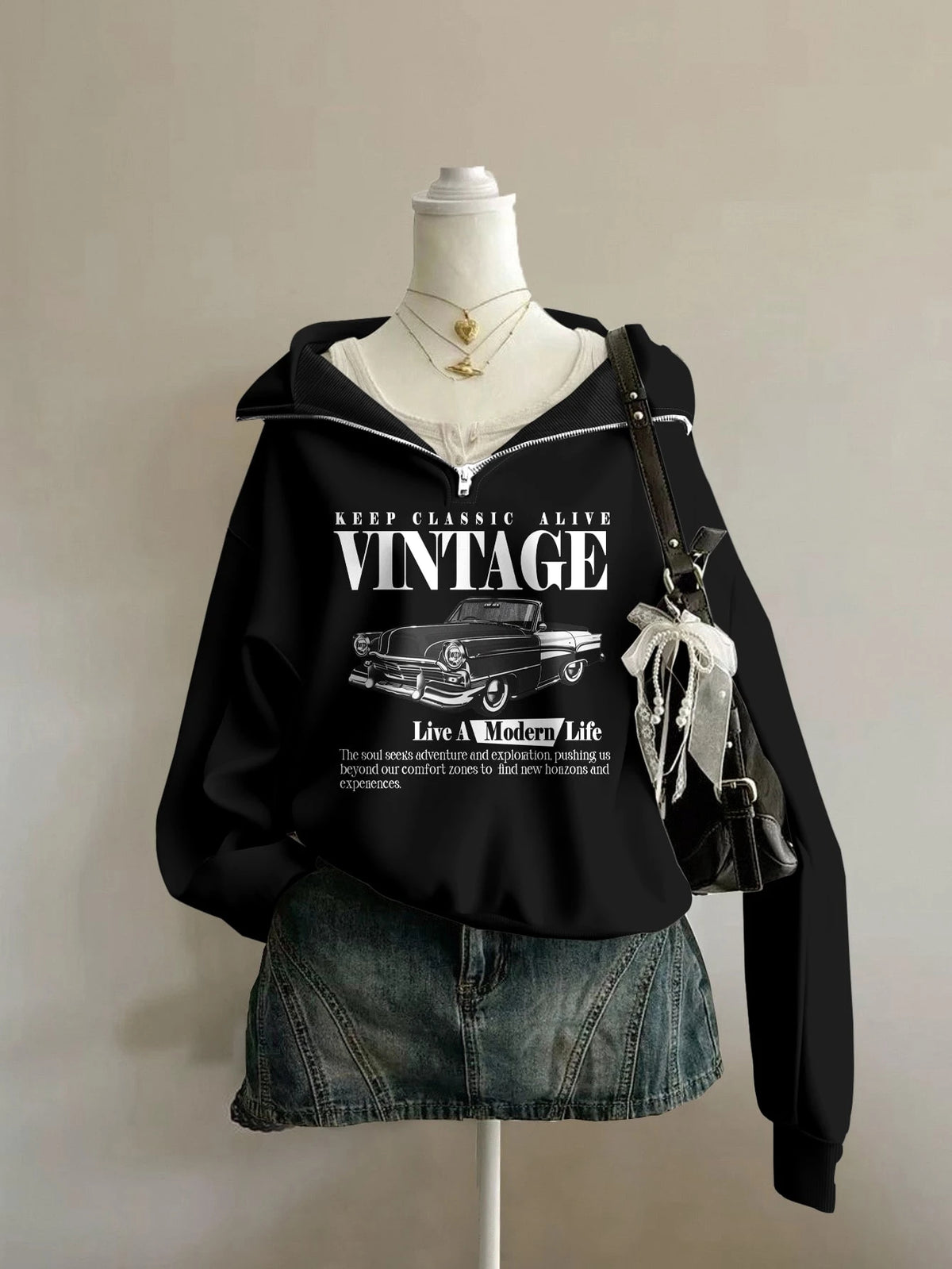 Women's Vintage Car-Print Half-Zip Raglan Sweatshirt
