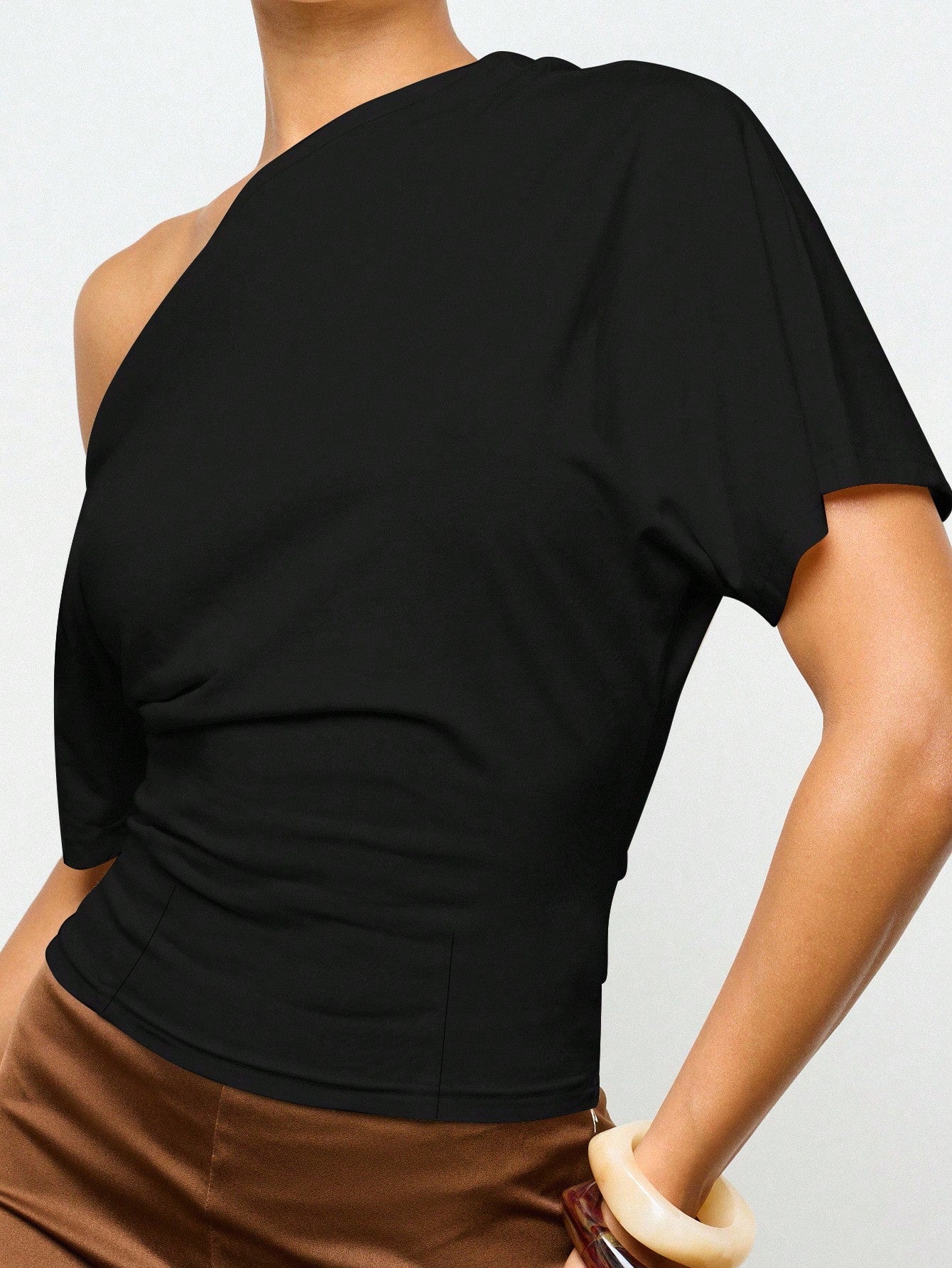 Off Shoulder Asymmetric Top Modern Fitted Waist Short Sleeve Shirt