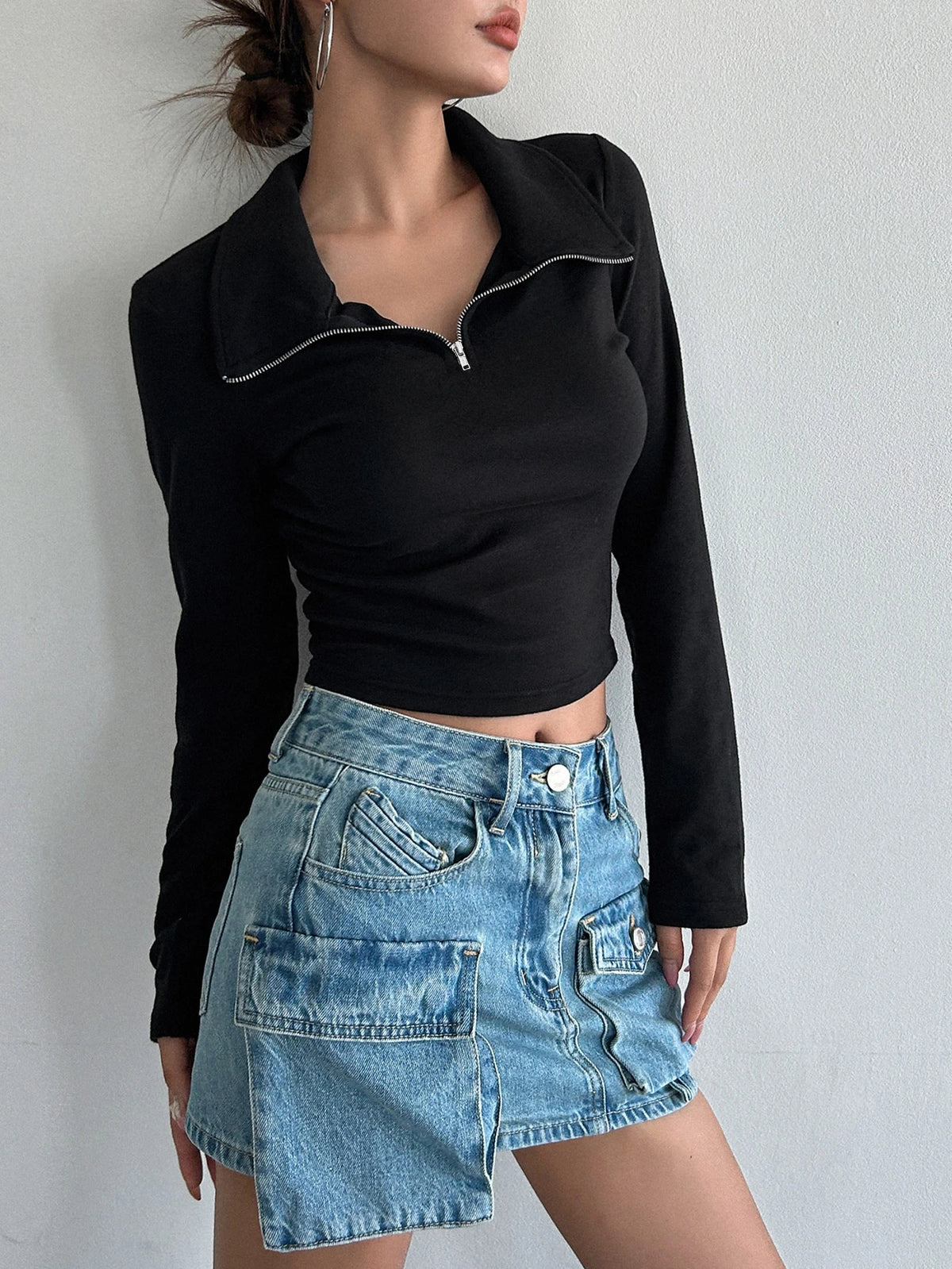 Women's Half-Zip Collared Ribbed Long-Sleeve Crop Top