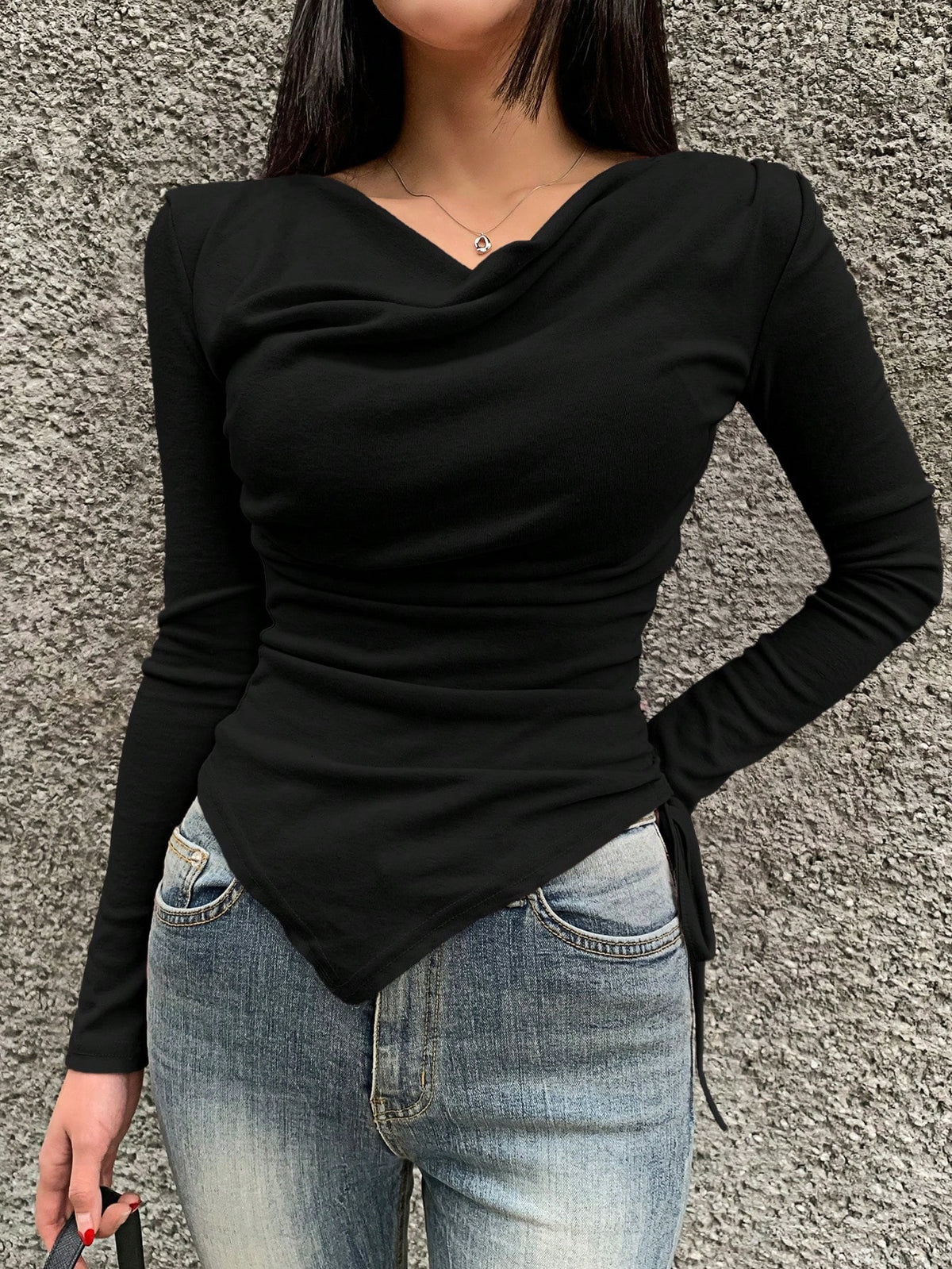 Women's Draped Cowl-Neck Side-Drawstring Long-Sleeve T-Shirt