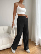 Solid Color High Waist Pockets Straight Loose Casual Pants