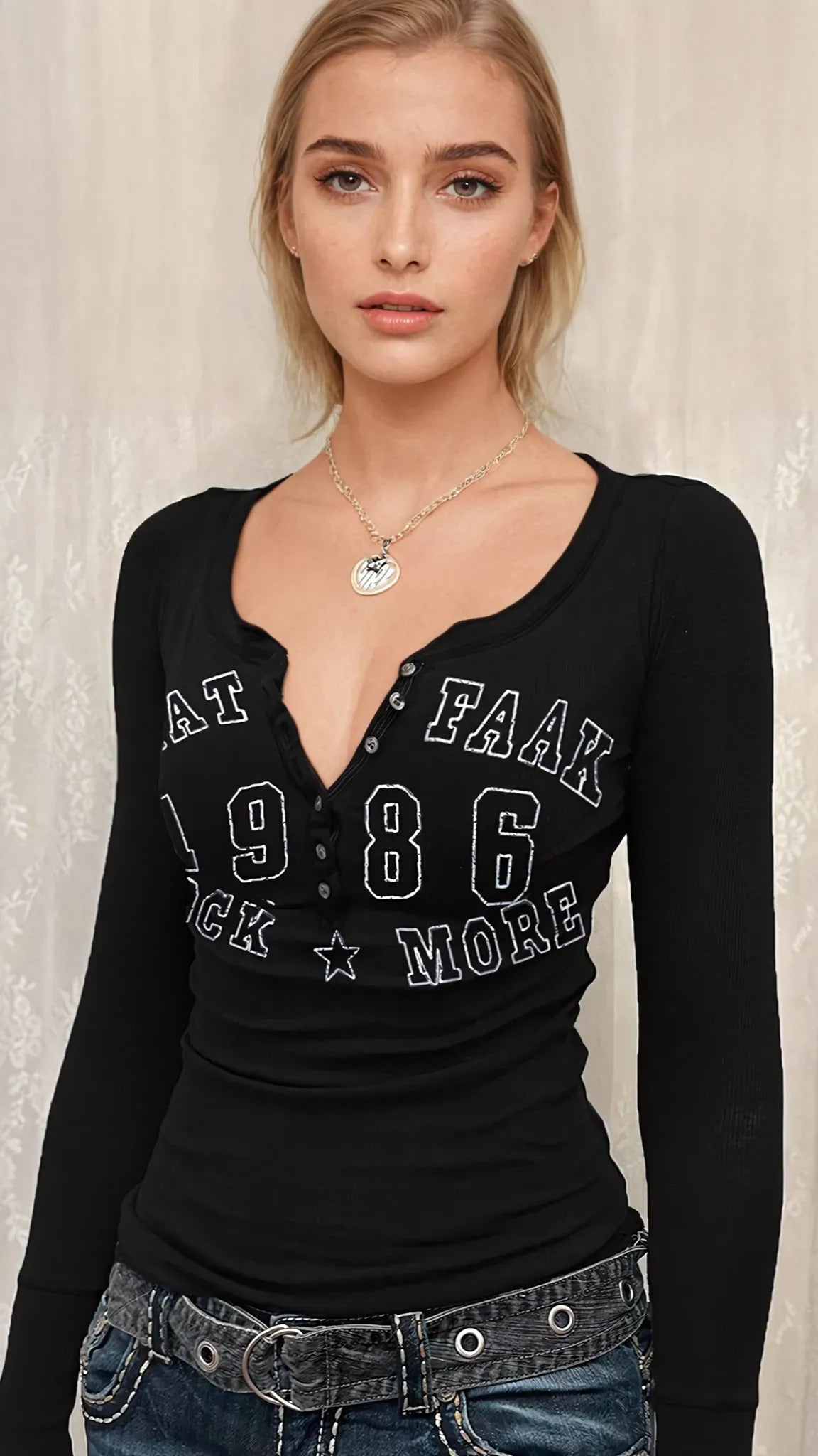 Women's Letter-Print Slim-Fit Button-Front Long-Sleeve T-Shirt