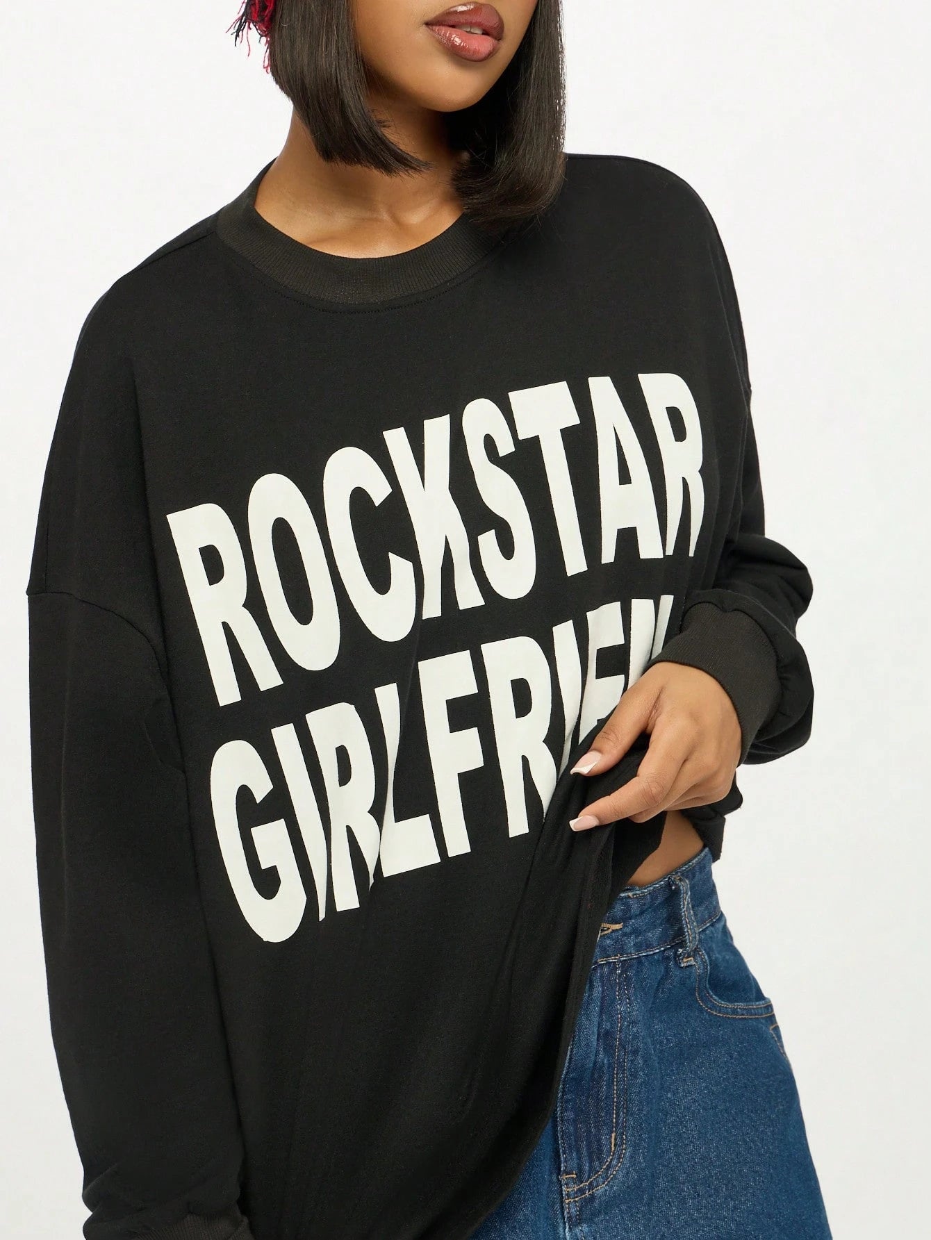 Rockstar Girlfriend Long Sleeve Graphic Tee Oversized Boyfriend Style Cotton Blend Statement Top