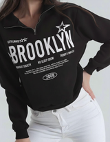 Half Zip Drop Shoulder "BROOKLYN" Letter Print Oversized Sweatshirt, Long Sleeve