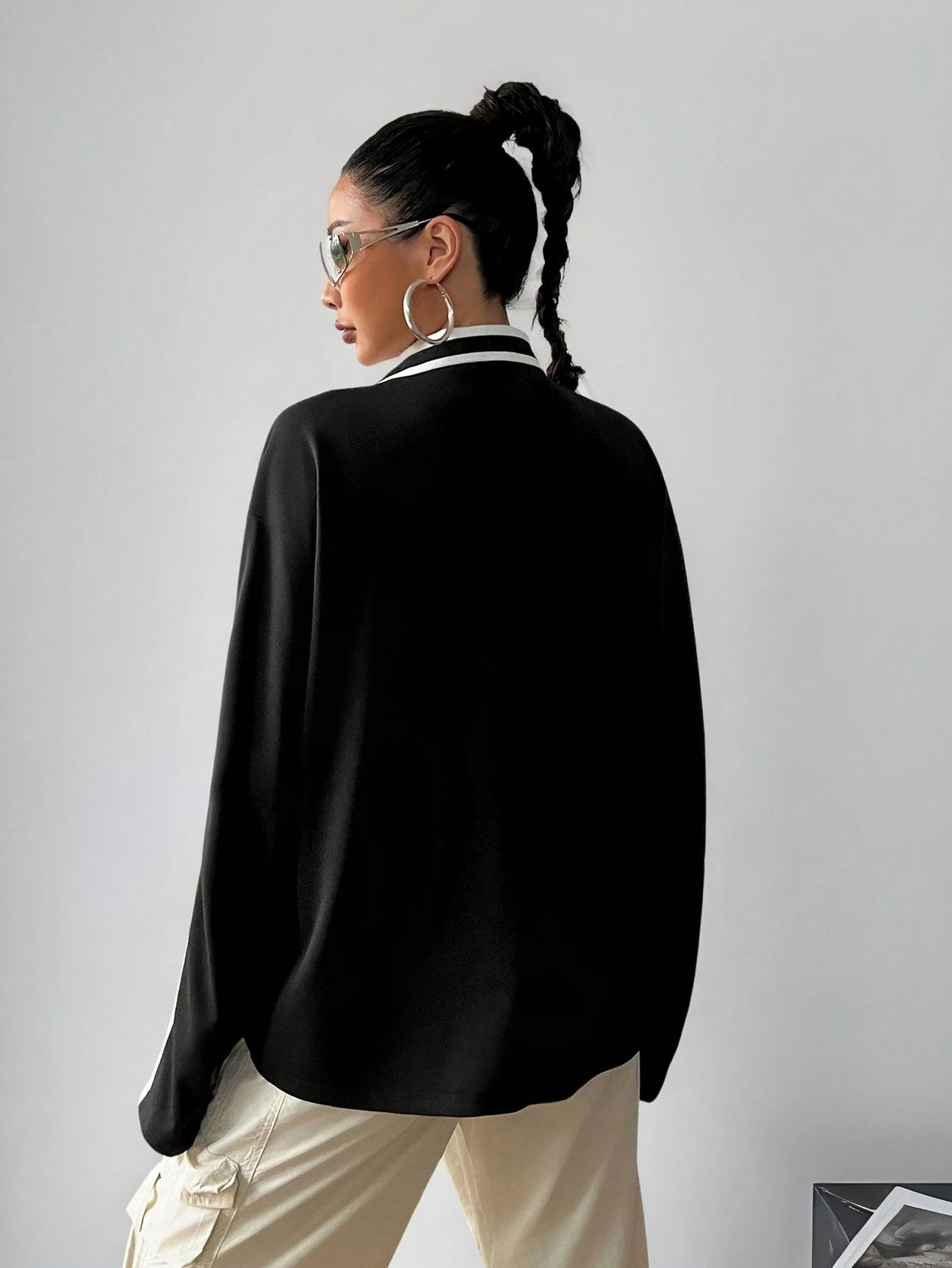 Women's Oversized V-Neck Striped Long-Sleeve Jersey T-Shirt