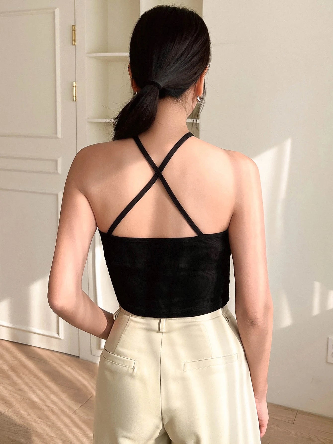 Solid Criss Cross Backless Halter Top