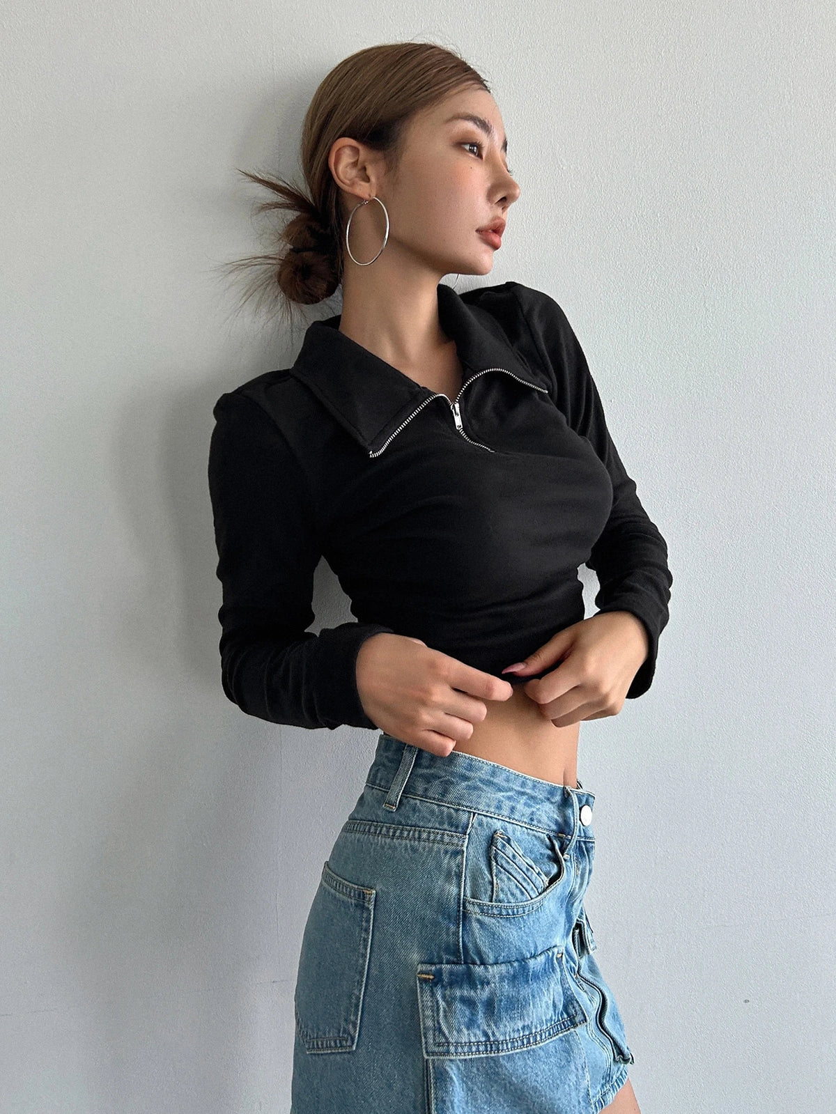 Women's Half-Zip Collared Ribbed Long-Sleeve Crop Top