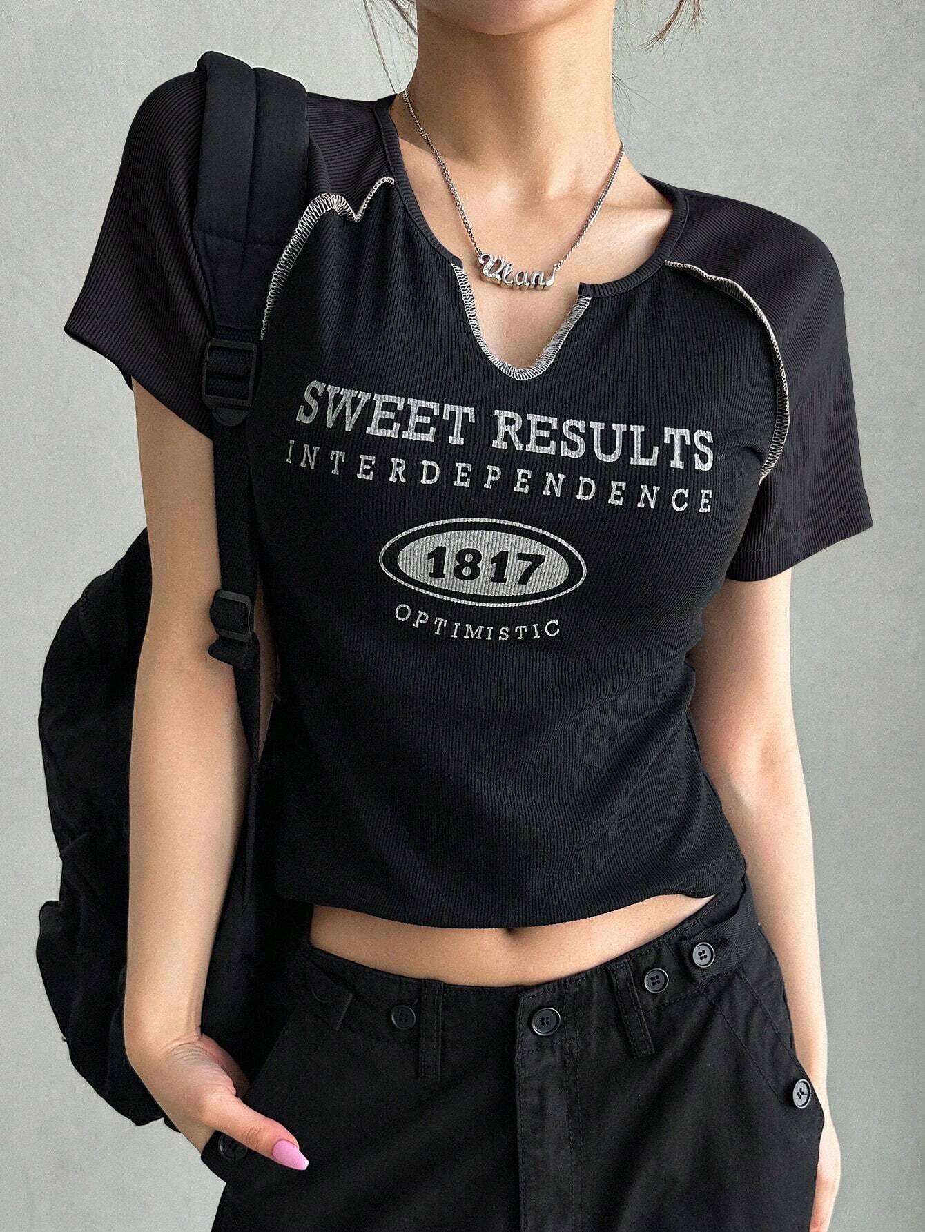 Slogan Print Short Sleeve T-Shirt Jersey, Crop Tops Women, Graphic Tees