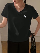 Casual V-Neck Unicorn Embroidery Short Sleeve T-Shirt