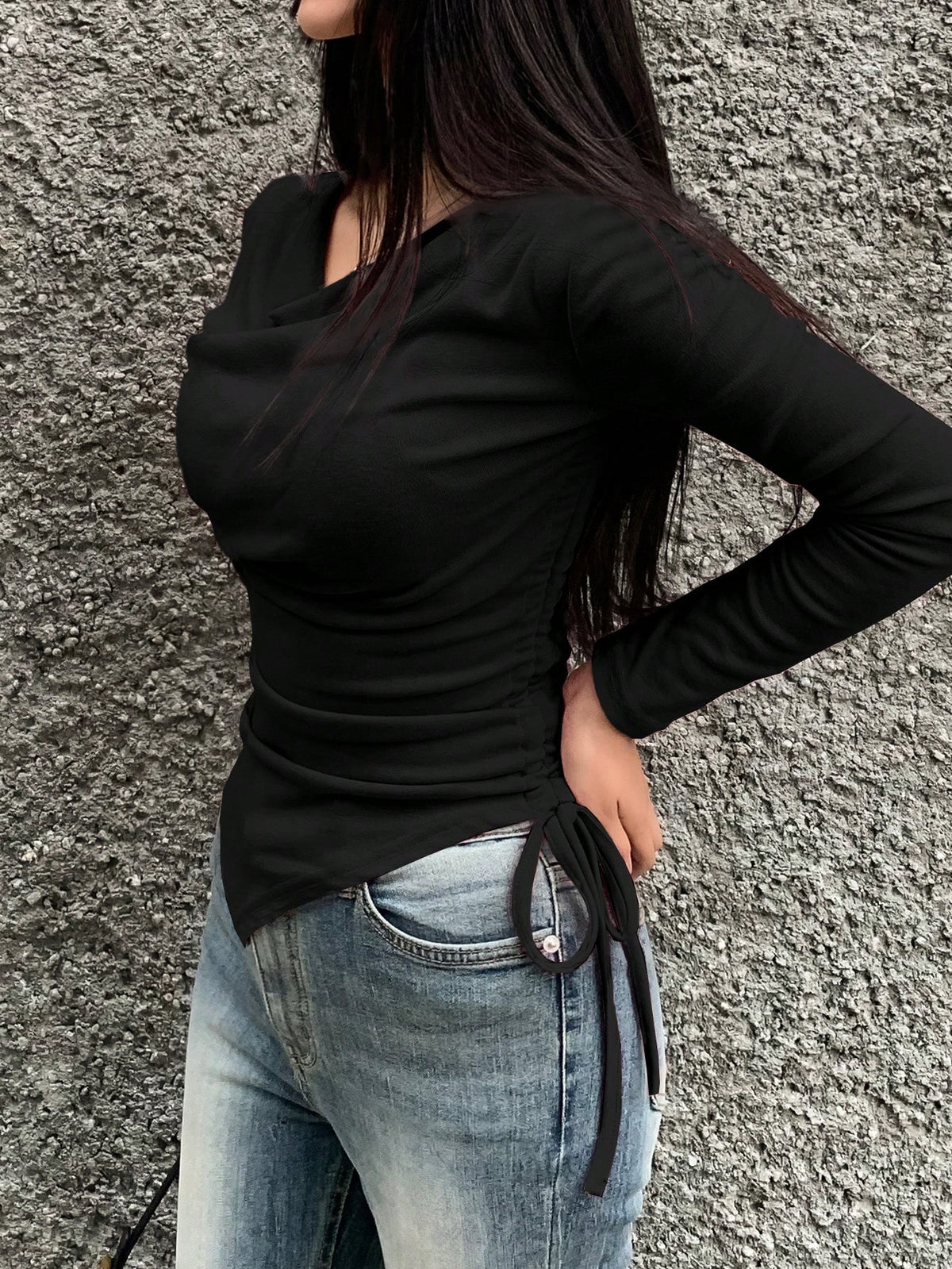 Women's Draped Cowl-Neck Side-Drawstring Long-Sleeve T-Shirt