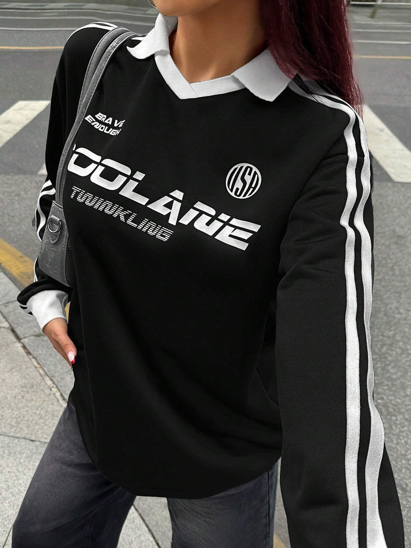 Fall/Winter Casual/Going Out V-Neck Banded Texture Decoration Black Baggy Sport Sweatshirt