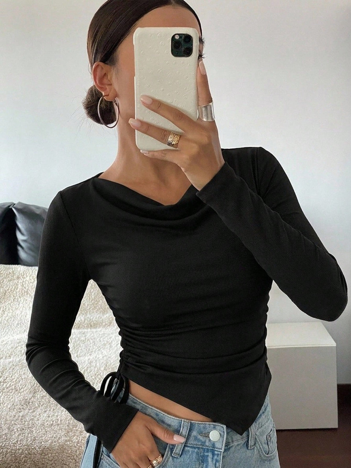 Women's Draped Cowl-Neck Side-Drawstring Long-Sleeve T-Shirt