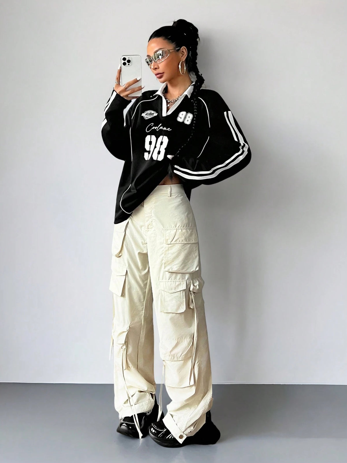 Women's Oversized V-Neck Striped Long-Sleeve Jersey T-Shirt