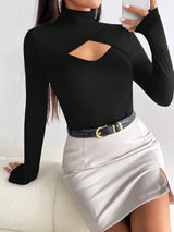 Cut Out Front High Neck Black Tee