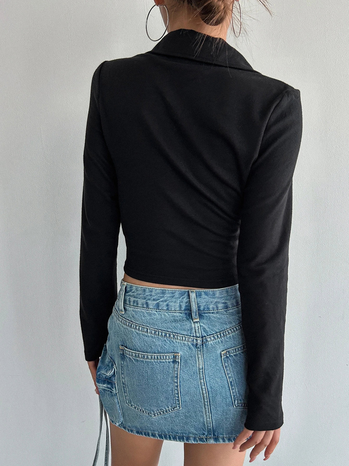 Women's Half-Zip Collared Ribbed Long-Sleeve Crop Top