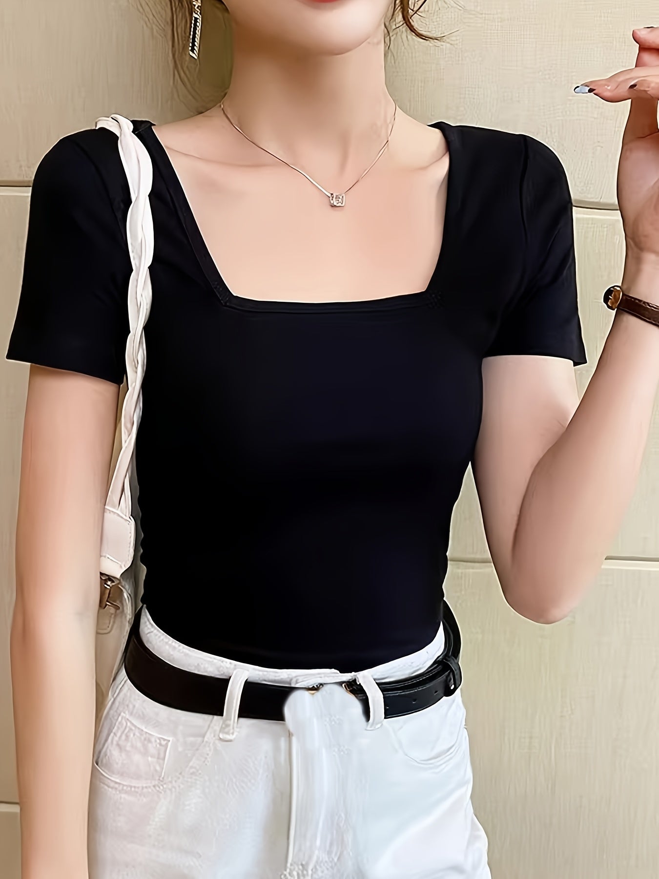 Square Neck Black Short Sleeve T-Shirt