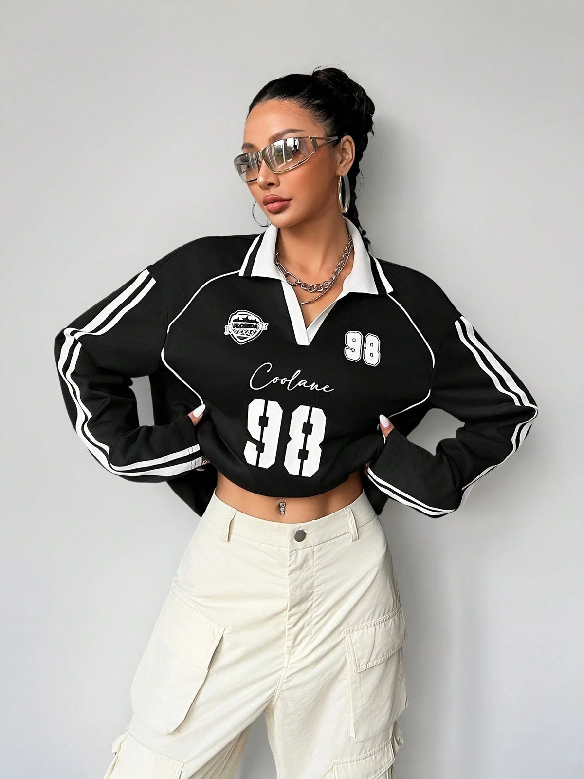 Women's Oversized V-Neck Striped Long-Sleeve Jersey T-Shirt