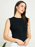 Rib-Knit Open Front Button Sleeveless Cropped Camisole Top