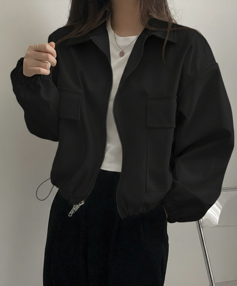 Casual Cropped Zip-Up Long-Sleeve Jacket in Solid Color