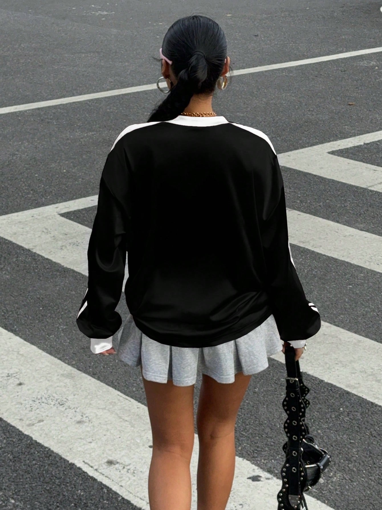 New Letter Print Colorblock Long Sleeve Casual T-Shirt