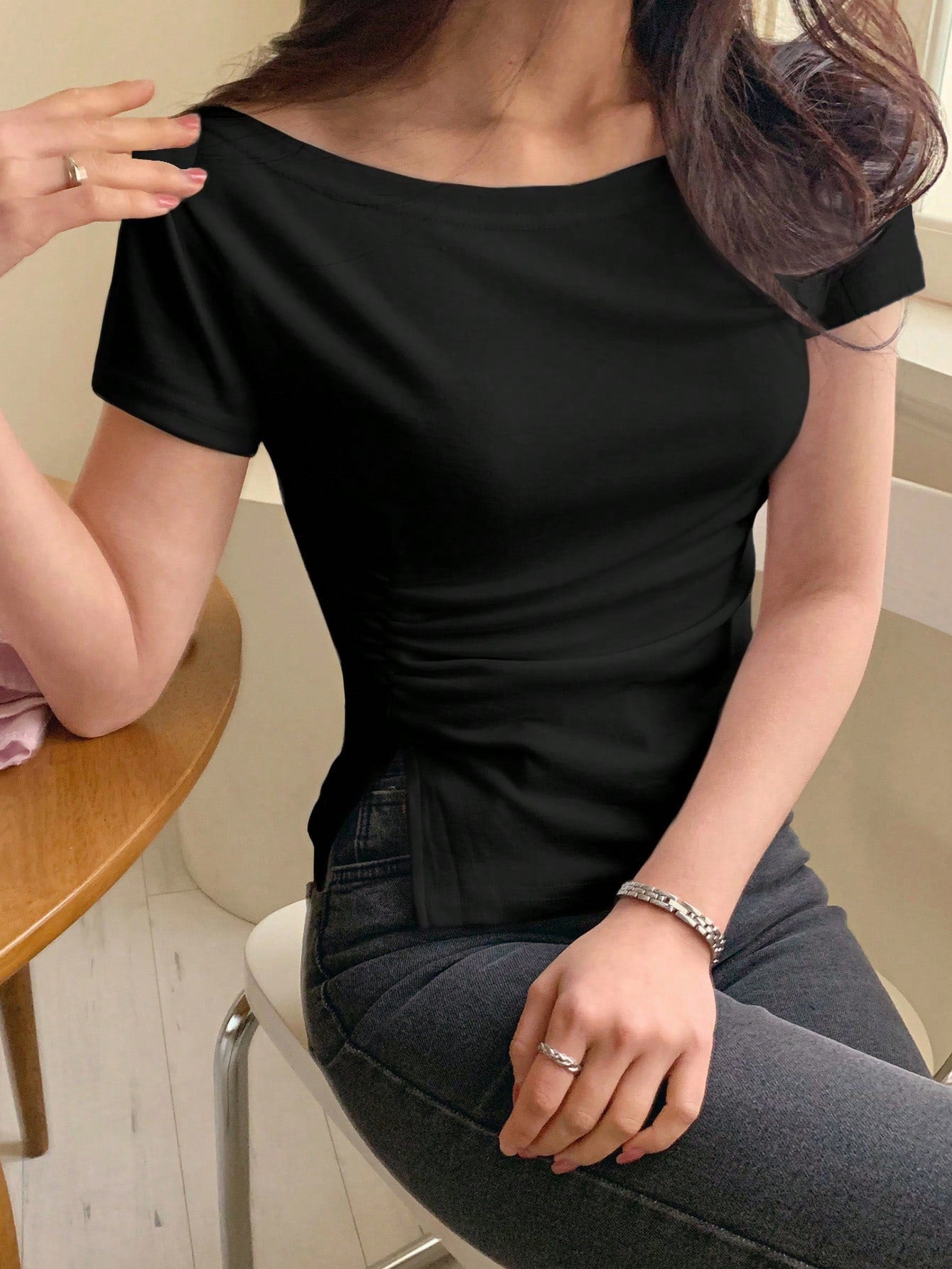 Solid Color Short Sleeve Ruched Side Split Bodycon Waist T-Shirt