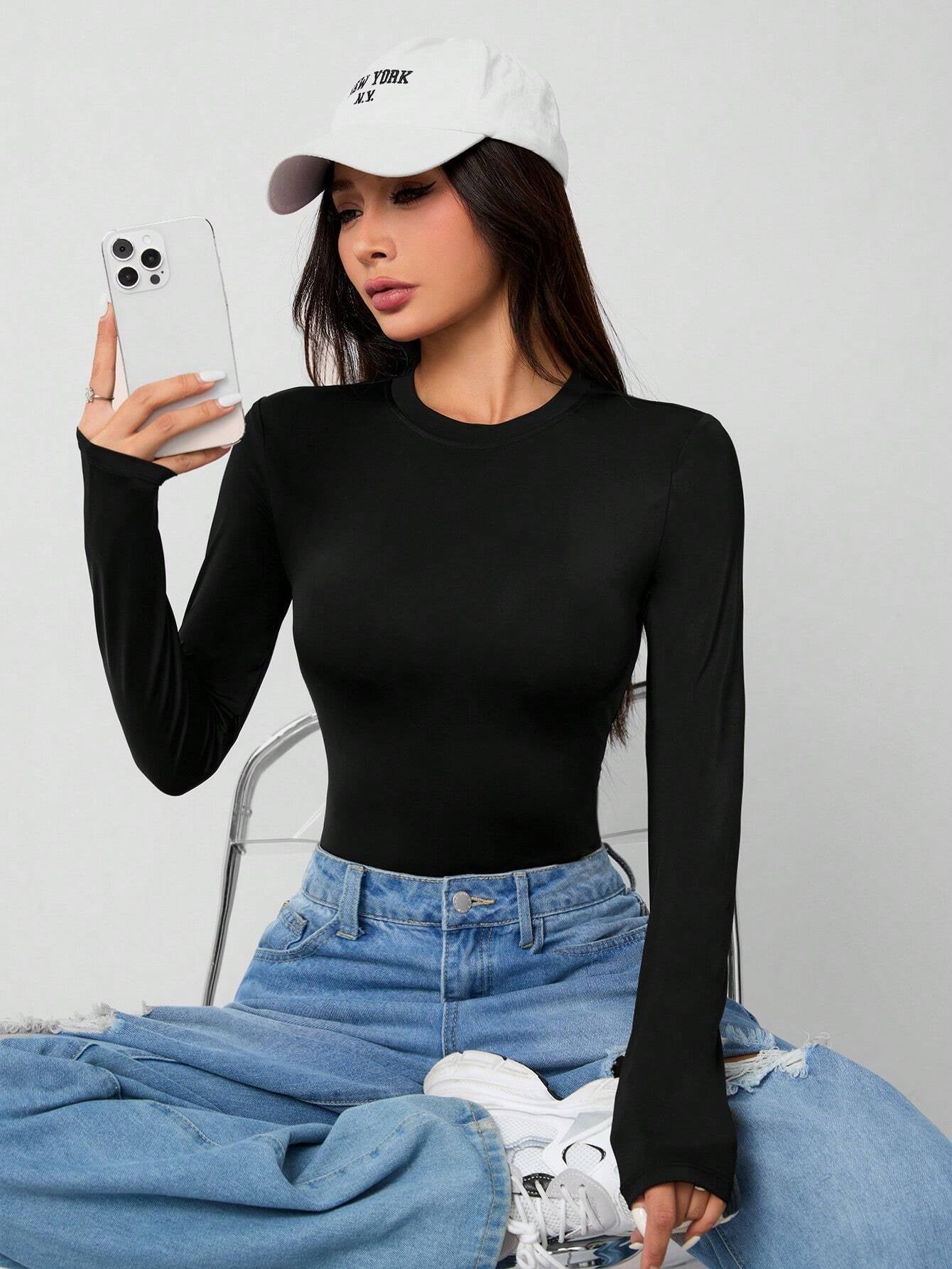 Solid Knit Stretch Fitted Black Bodysuit