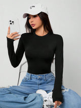 Solid Knit Stretch Fitted Black Bodysuit