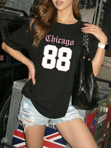 Chicago Letter & Number Print T-Shirt, Casual Black Graphic Short Sleeve Tee, Loose Sporty Letter Top