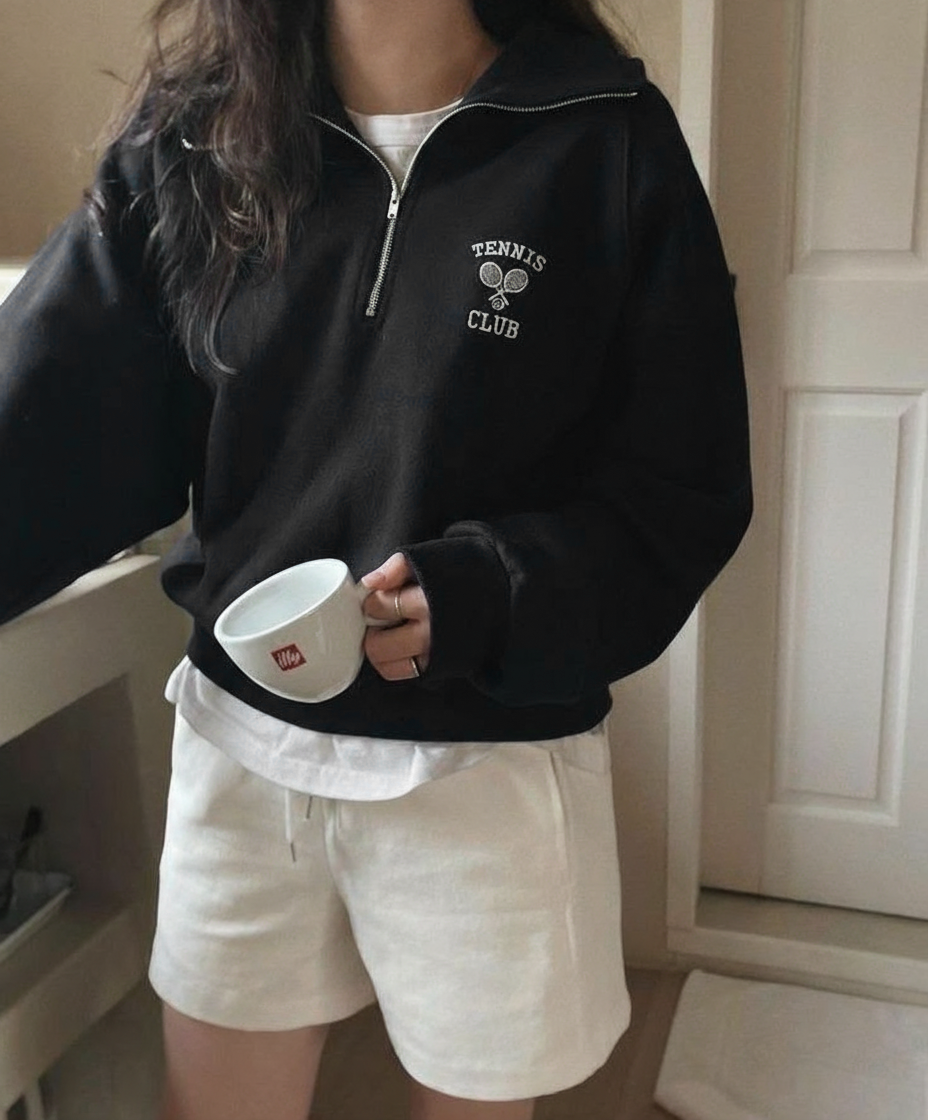 Half Zip Drop Shoulder "TENNIS CLUB" Letter Print Oversized Sweatshirt, Long Sleeve