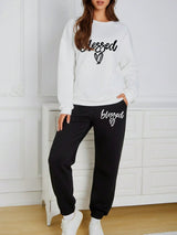 Two-Piece Fashion Warm Plus Fleece Round Neck Sweatshirt + Sports Sweatpants Simple Letter Print