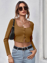 Neck Button Placket Rib-knit Tee