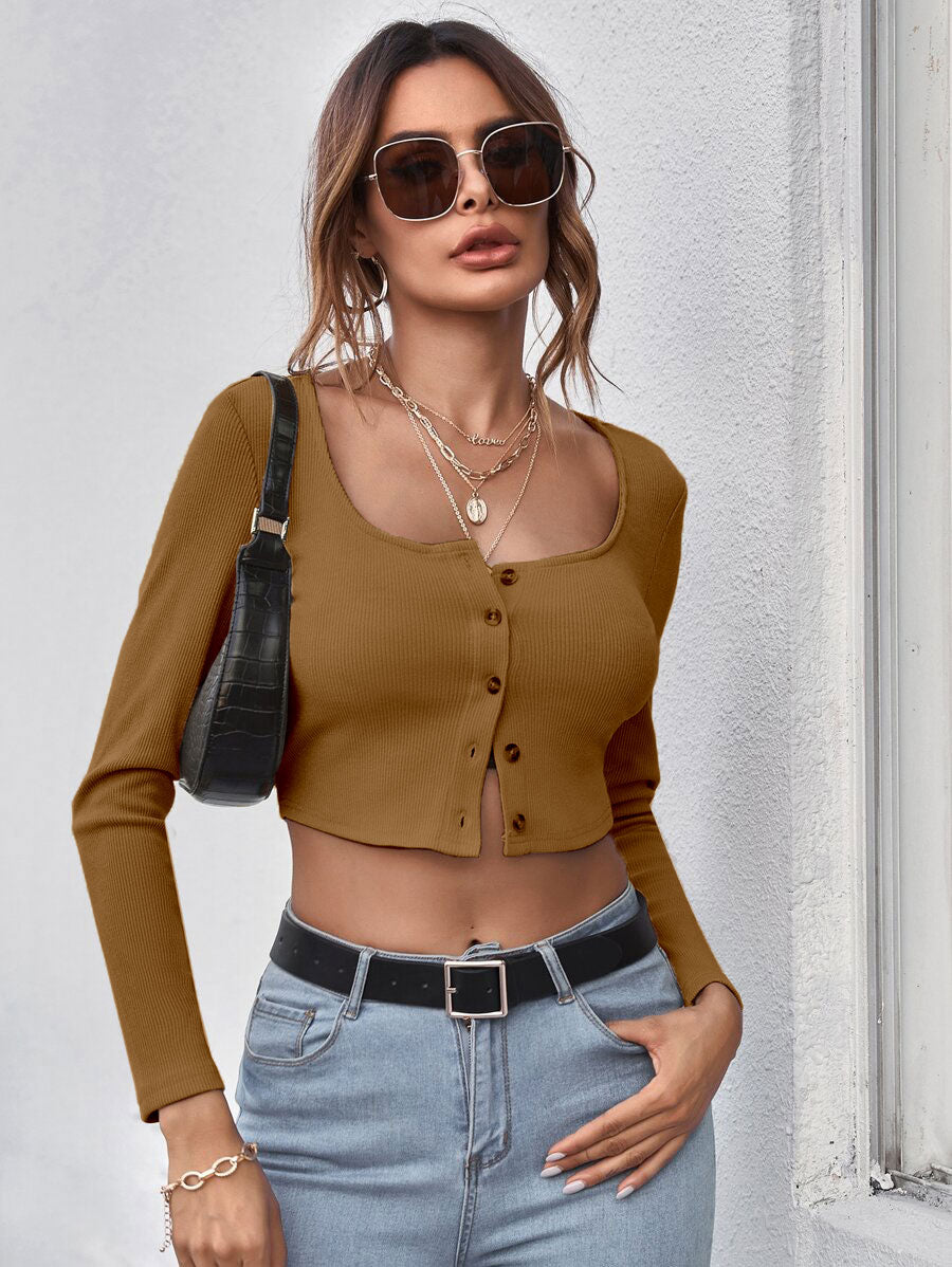 Neck Button Placket Rib-knit Tee