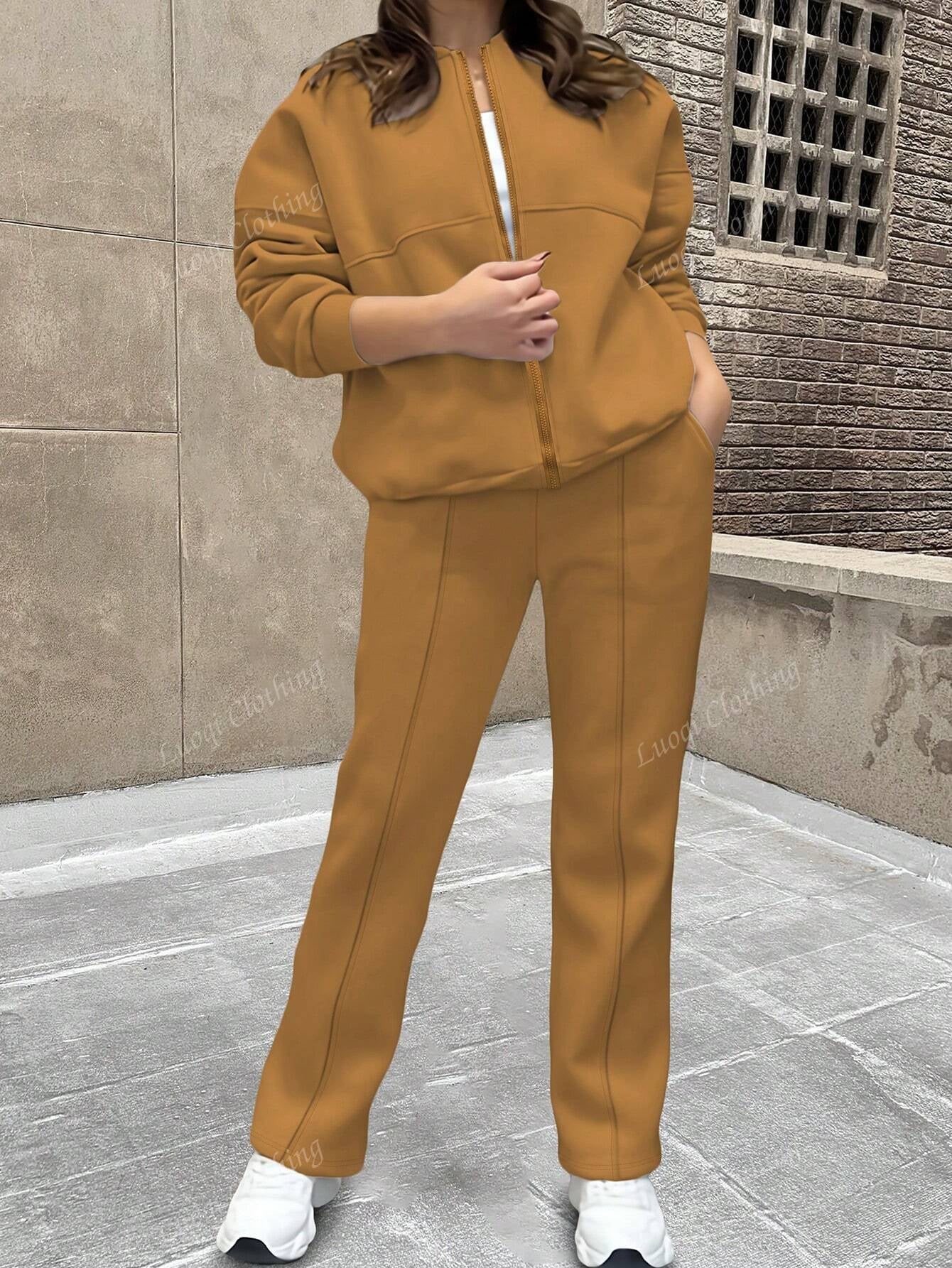 Solid Color Minimalist Hoodie Jacket Top And Straight Leg Pants, Fashion Outfit