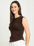 Rib-Knit Open Front Button Sleeveless Cropped Camisole Top