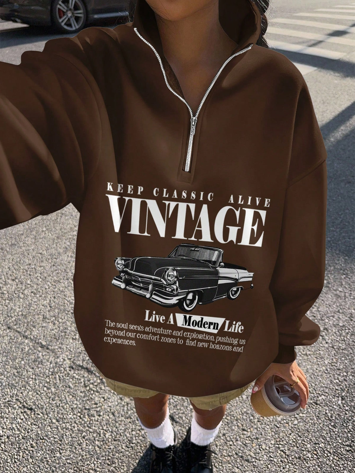 Women's Vintage Car-Print Half-Zip Raglan Sweatshirt