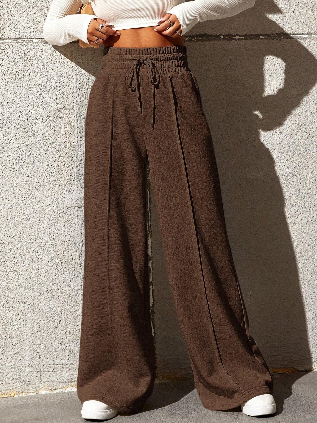 Drawstring Waist Seam Detail Wide Leg Pants Dress Pant