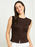Rib-Knit Open Front Button Sleeveless Cropped Camisole Top