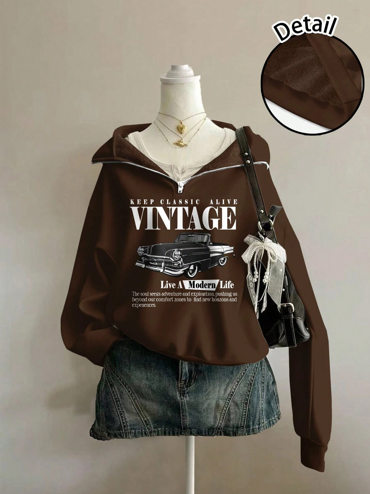 Women's Vintage Car-Print Half-Zip Raglan Sweatshirt