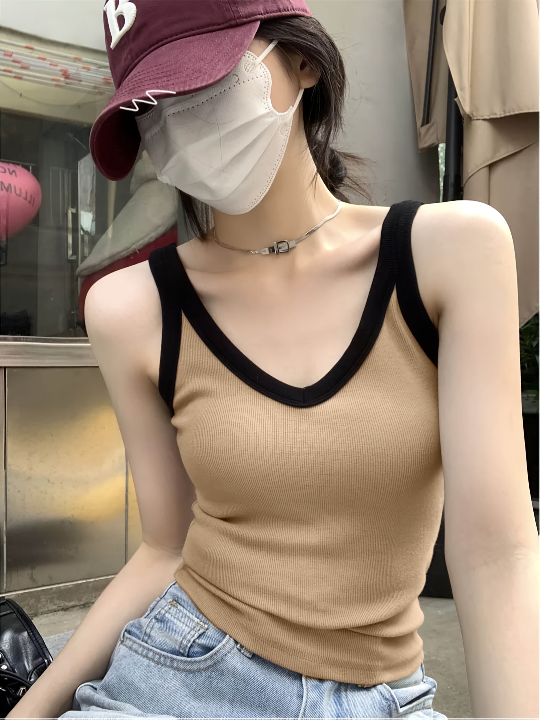 Slim Fit Stretch V-Neck Cropped Top with Contrast Trim
