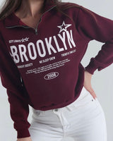 Half Zip Drop Shoulder "BROOKLYN" Letter Print Oversized Sweatshirt, Long Sleeve