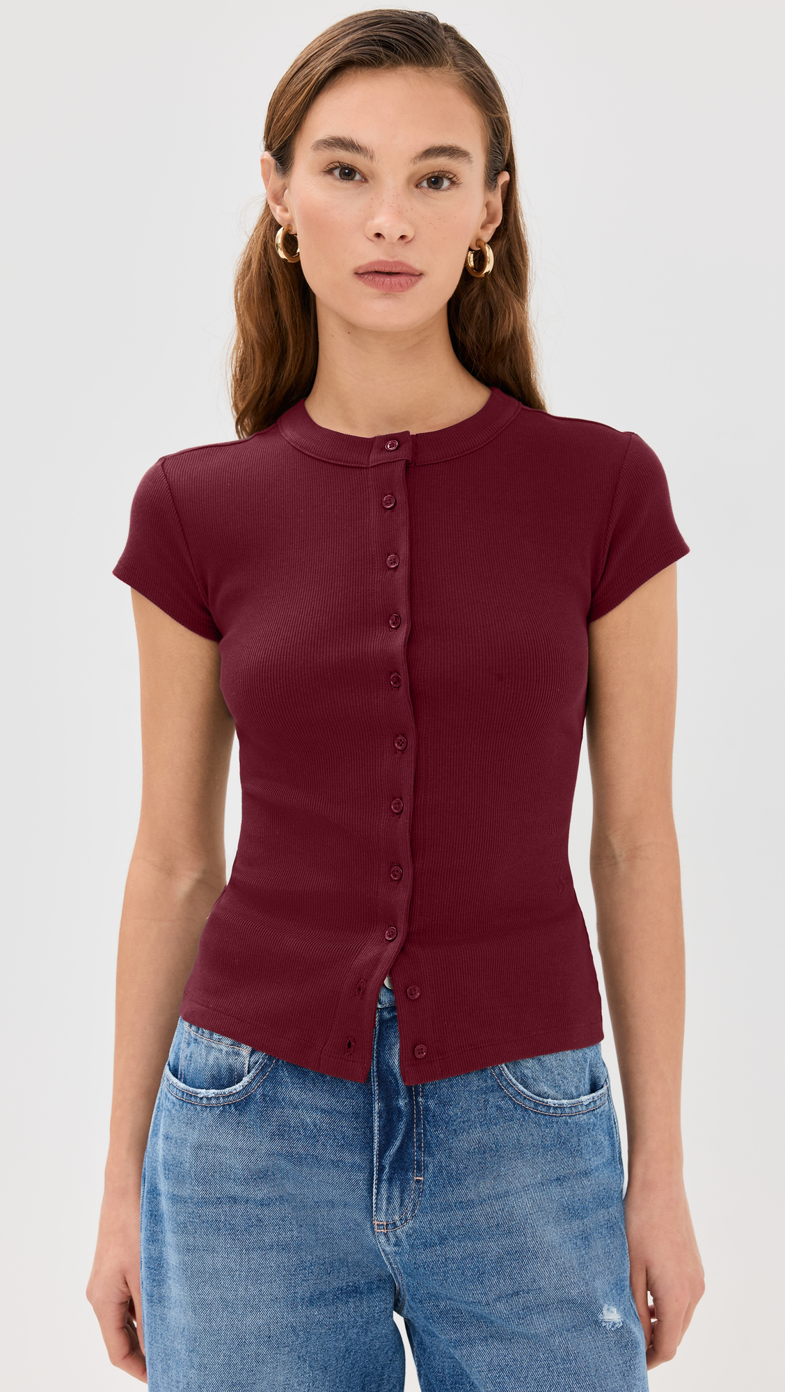 Ribbed Knit Cardigan - Stylish Solid Color T-Shirt with Full-Button Front and Ribbed Detailing, Perfect for Casual Wear