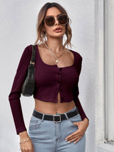 Neck Button Placket Rib-knit Tee