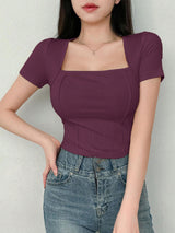 Women's Solid Color Swan Collar Short Sleeve T-Shirt