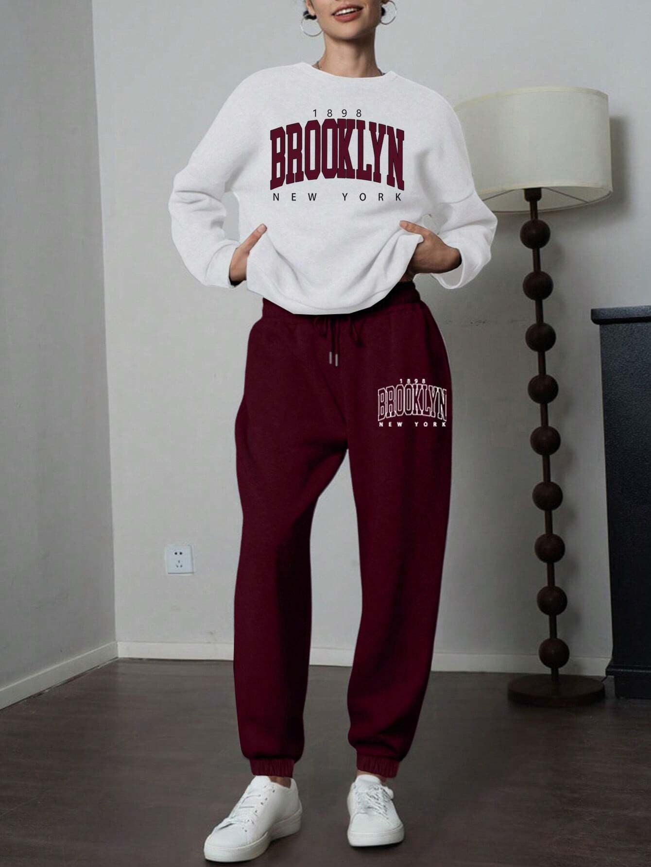 Letter Print Drop Shoulder Long Sleeve Sweatshirt And Sweatpants Casual 2pcs Set