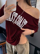 Off-Shoulder Short Sleeve Letter Printed Casual T-Shirt Graphic Tees Women Tops