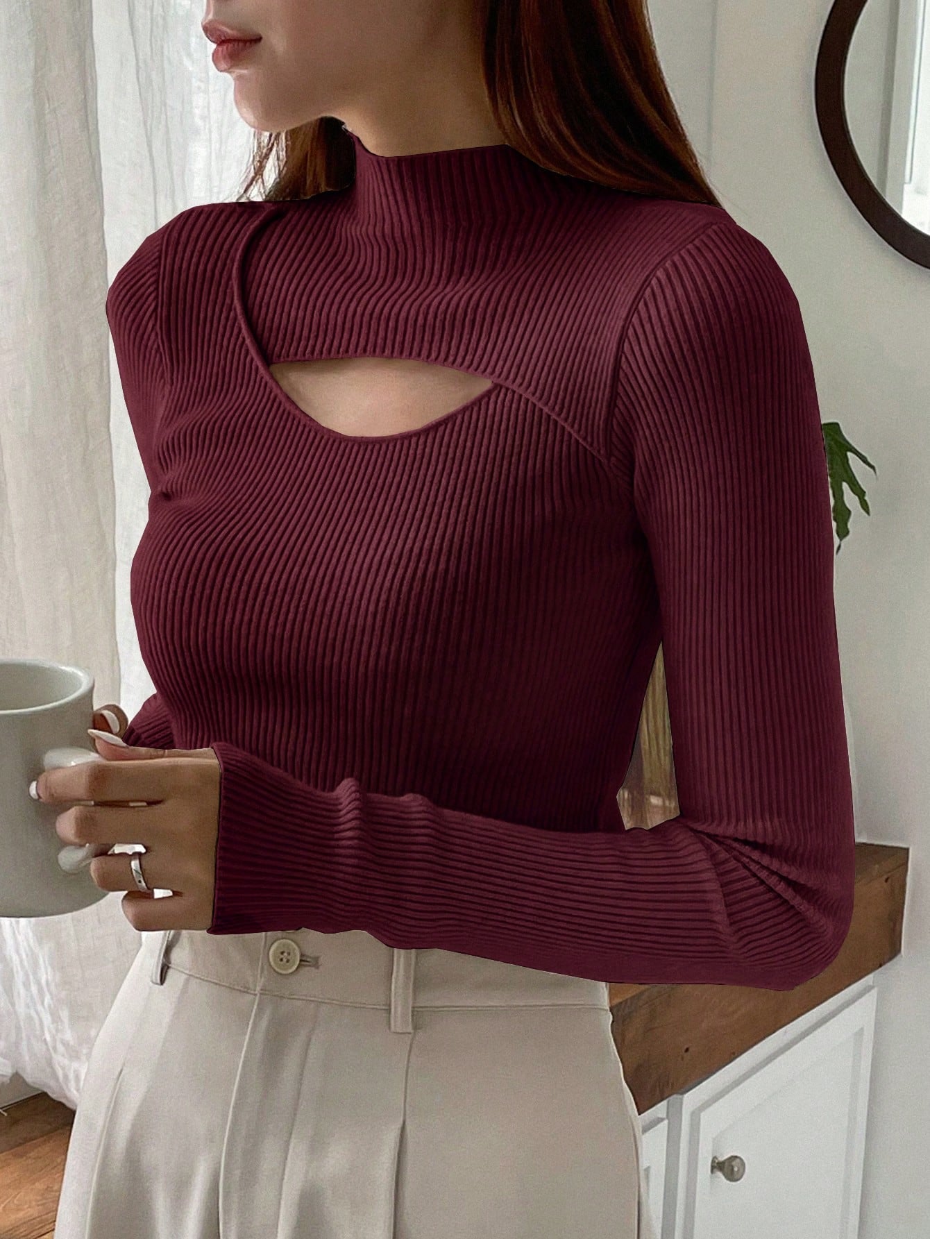 Stand Collar Long Sleeve Hollow Pullover Tops