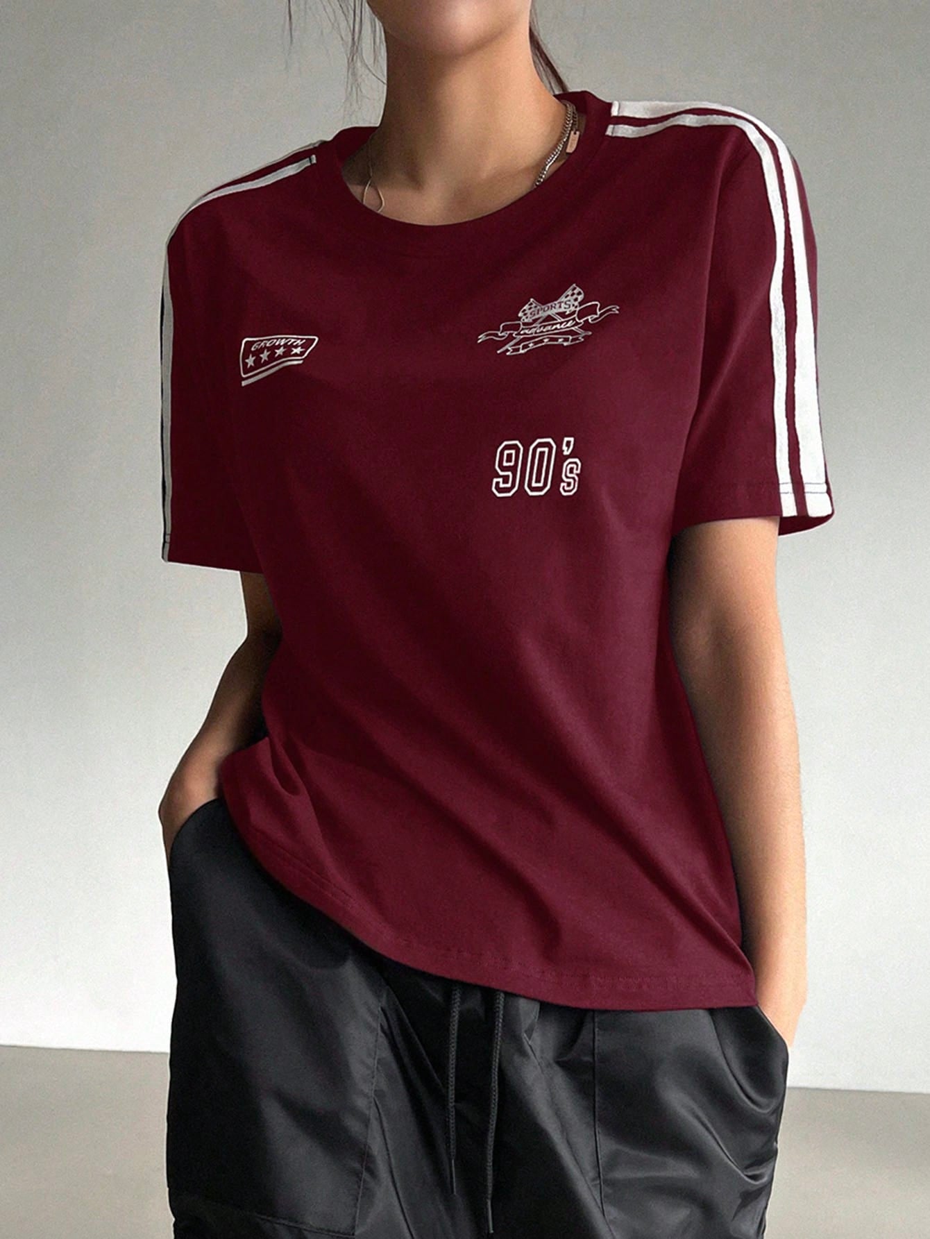 Motorcycle Style Print Colorblock Striped Detail Short Sleeve T-Shirt