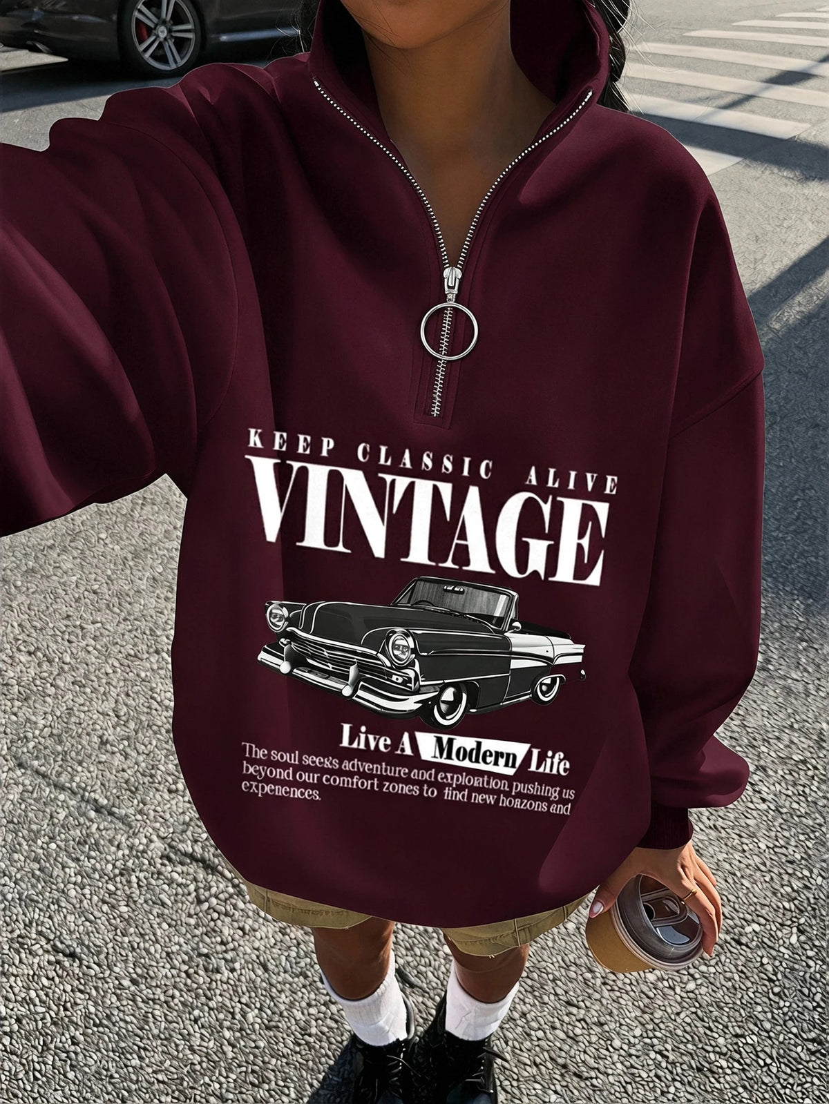 Women's Vintage Car-Print Half-Zip Raglan Sweatshirt