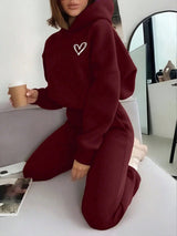 Heart Print Long Sleeve Cropped Hoodie And Drawstring Waist Pocketed Jogger Sweatpants 2 Pieces Set