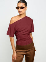 Off Shoulder Asymmetric Top Modern Fitted Waist Short Sleeve Shirt